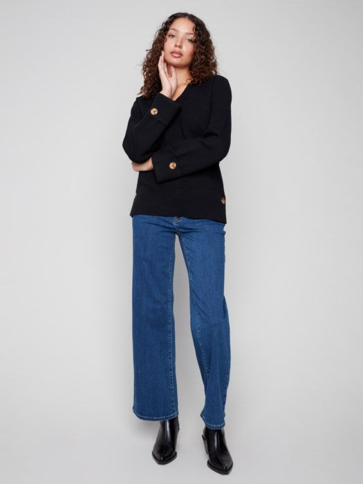Charlie B Solid Wide Cuff V-Neck Sweater