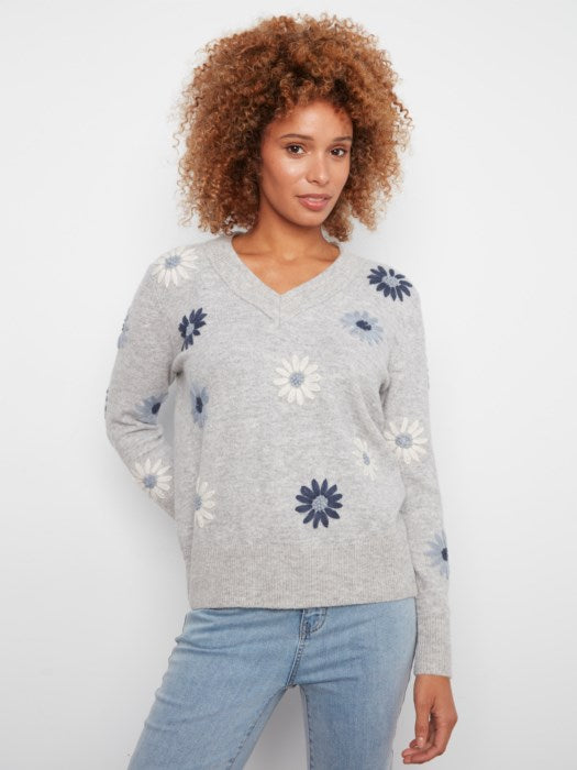 Charlie B Embroidered V-Neck Sweater With Wide Rib Cuff And Hem