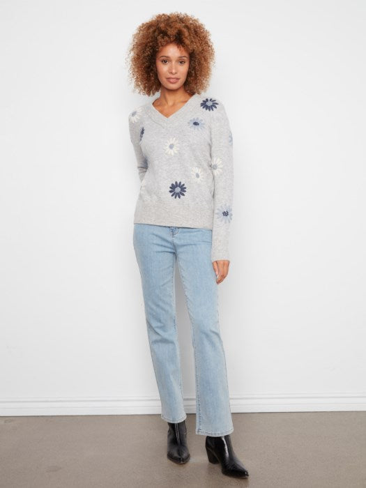 Charlie B Embroidered V-Neck Sweater With Wide Rib Cuff And Hem