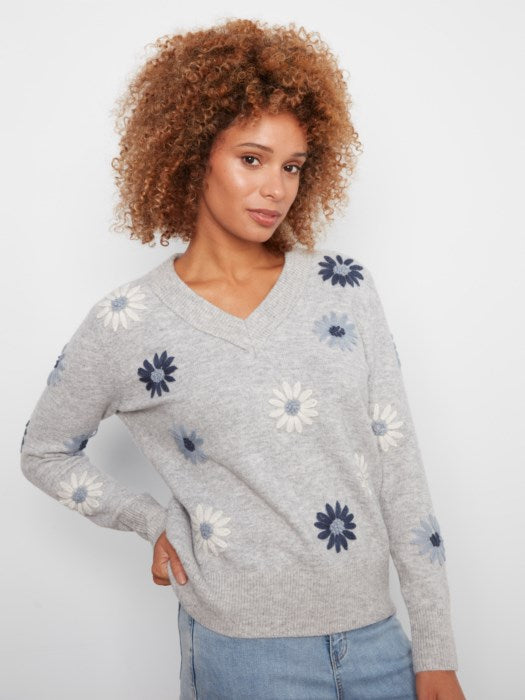 Charlie B Embroidered V-Neck Sweater With Wide Rib Cuff And Hem