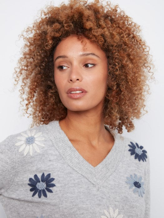 Charlie B Embroidered V-Neck Sweater With Wide Rib Cuff And Hem