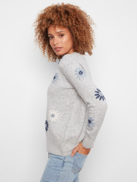 Charlie B Embroidered V-Neck Sweater With Wide Rib Cuff And Hem