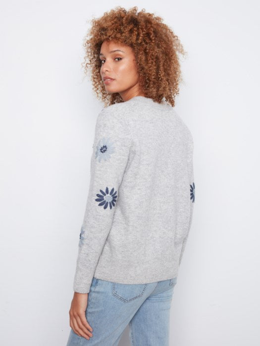 Charlie B Embroidered V-Neck Sweater With Wide Rib Cuff And Hem