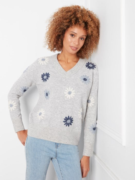 Charlie B Embroidered V-Neck Sweater With Wide Rib Cuff And Hem
