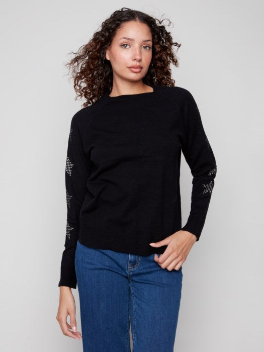 Charlie B Raglan Crew Neck Sweater with Studded Sleeves