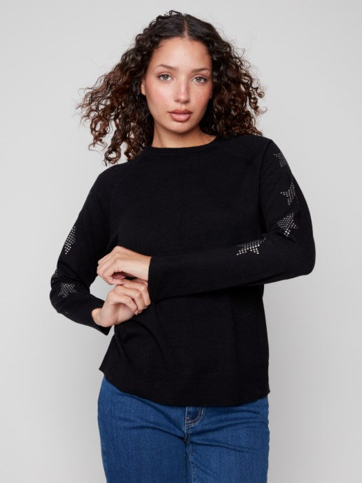 Charlie B Raglan Crew Neck Sweater with Studded Sleeves