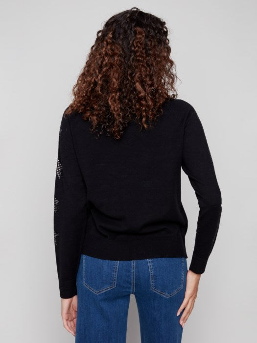 Charlie B Raglan Crew Neck Sweater with Studded Sleeves