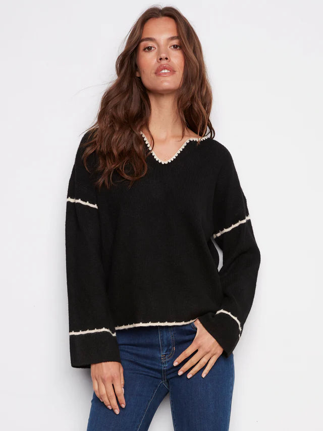 Charlie B Notched Neck Rib Embroidered Sweater