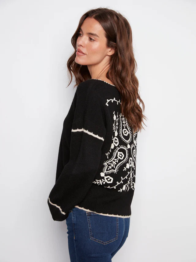 Charlie B Notched Neck Rib Embroidered Sweater
