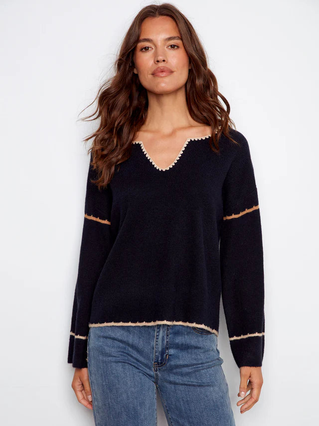 Charlie B Notched Neck Rib Embroidered Sweater