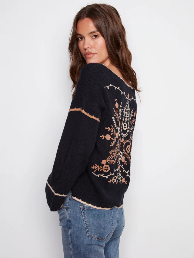 Charlie B Notched Neck Rib Embroidered Sweater