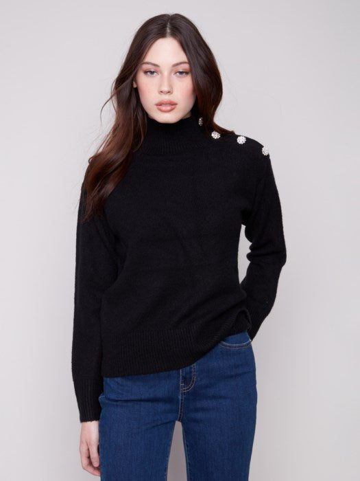 Charlie B Mock Neck Sweater with Buttons at Neck