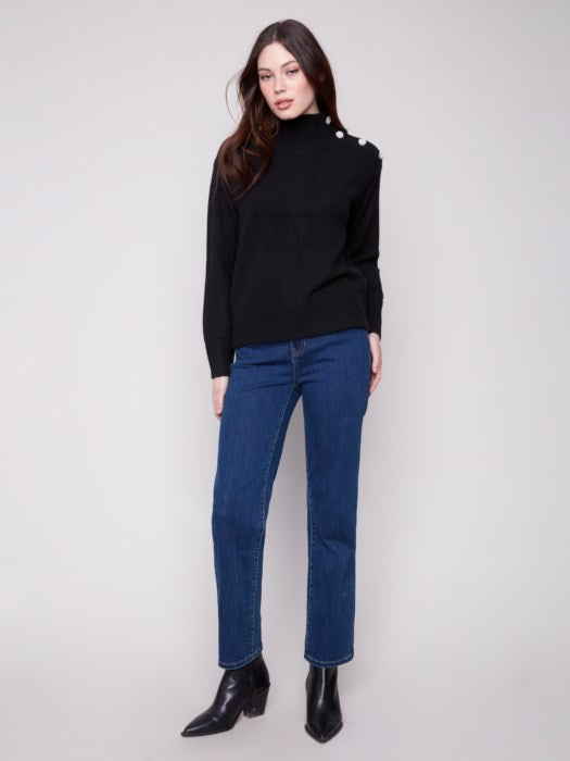 Charlie B Mock Neck Sweater with Buttons at Neck
