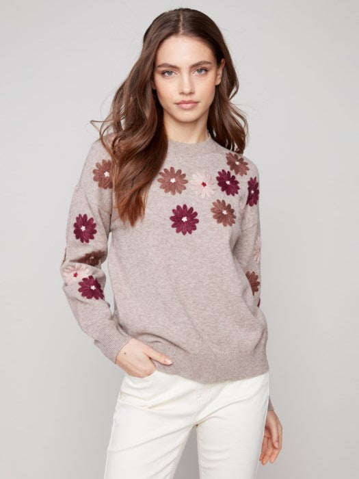 Charlie B Floral Emboidery Crew Neck Sweater
