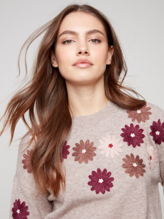 Charlie B Floral Emboidery Crew Neck Sweater