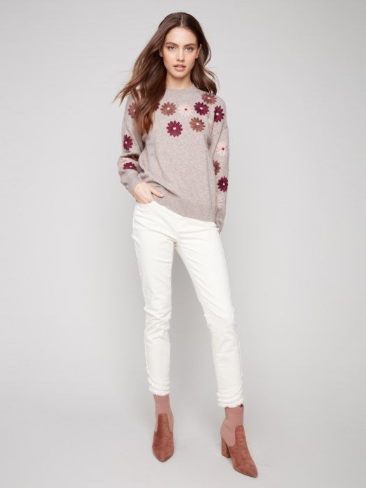 Charlie B Floral Emboidery Crew Neck Sweater
