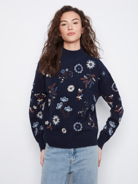 Charlie B All Over Embroidered Mock Neck Sweater