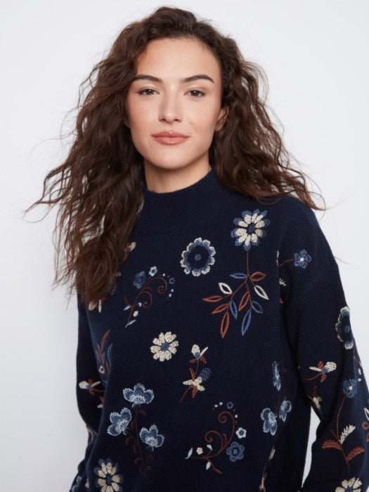 Charlie B All Over Embroidered Mock Neck Sweater