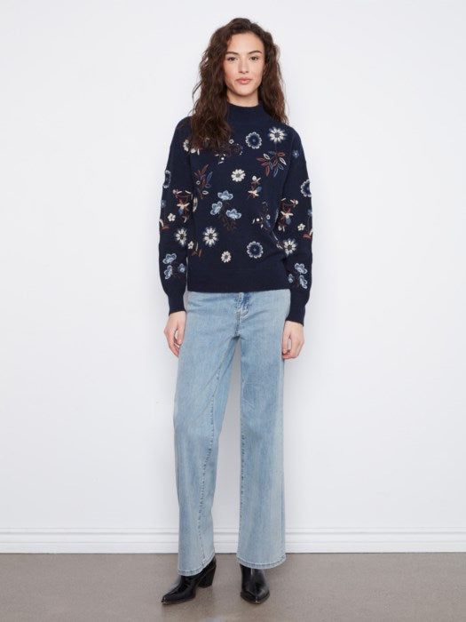 Charlie B All Over Embroidered Mock Neck Sweater