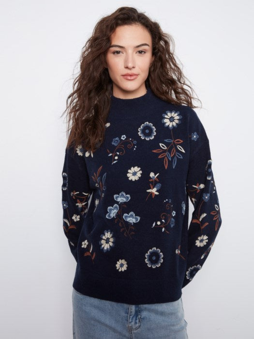 Charlie B All Over Embroidered Mock Neck Sweater