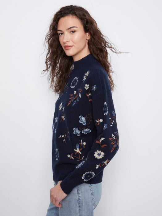Charlie B All Over Embroidered Mock Neck Sweater