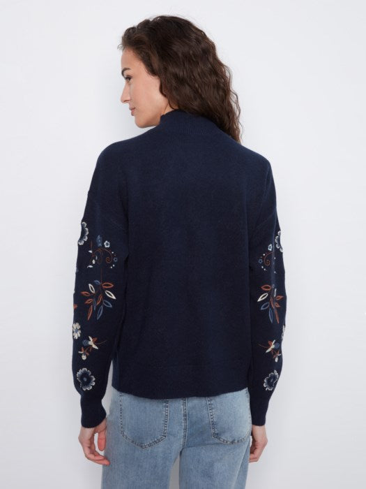 Charlie B All Over Embroidered Mock Neck Sweater