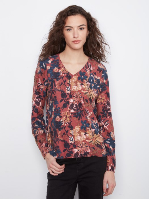 Charlie B Long Sleeve Drop Shoulder V-Neck Reversible Printed Sweater