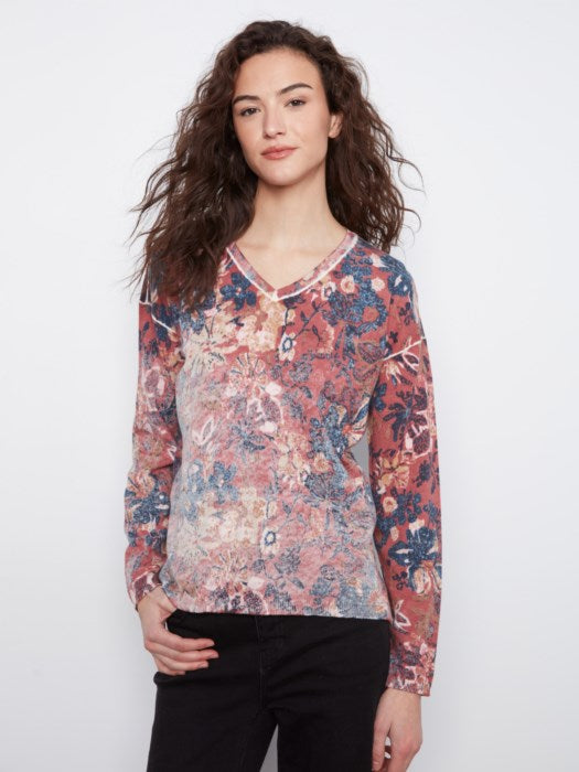 Charlie B Long Sleeve Drop Shoulder V-Neck Reversible Printed Sweater
