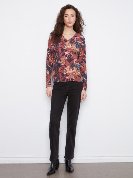 Charlie B Long Sleeve Drop Shoulder V-Neck Reversible Printed Sweater