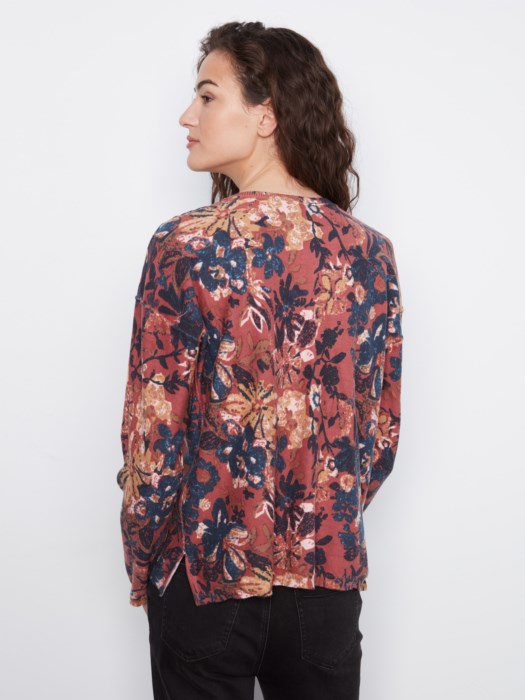 Charlie B Long Sleeve Drop Shoulder V-Neck Reversible Printed Sweater