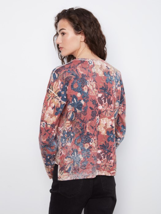 Charlie B Long Sleeve Drop Shoulder V-Neck Reversible Printed Sweater