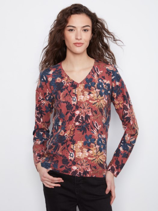 Charlie B Long Sleeve Drop Shoulder V-Neck Reversible Printed Sweater