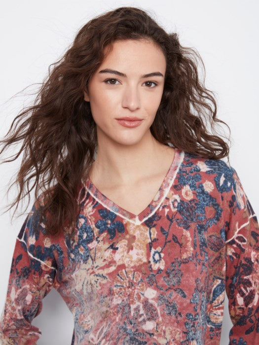Charlie B Long Sleeve Drop Shoulder V-Neck Reversible Printed Sweater