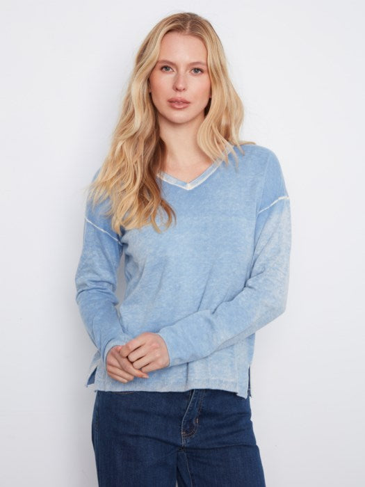 Charlie B Long Sleeve Drop Shoulder V Neck Sweater