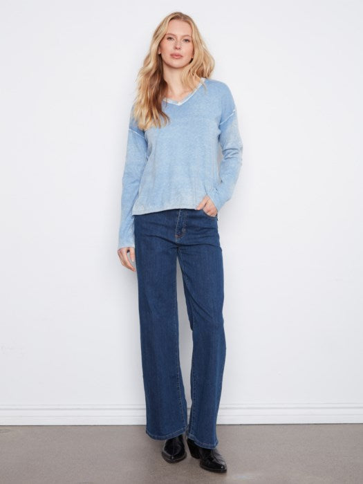 Charlie B Long Sleeve Drop Shoulder V Neck Sweater