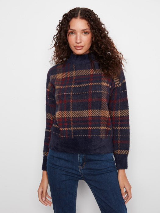 Charlie B Long Sleeve Drop Shoulder Mock Neck Jacquard Plaid Sweater