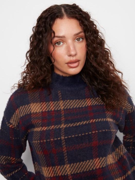 Charlie B Long Sleeve Drop Shoulder Mock Neck Jacquard Plaid Sweater