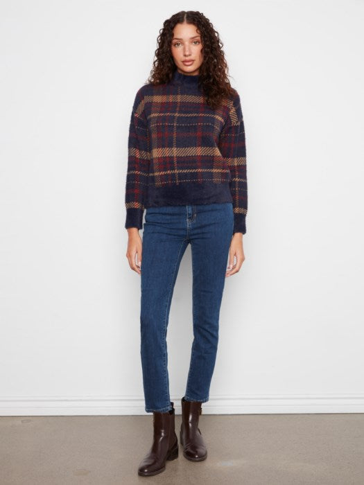 Charlie B Long Sleeve Drop Shoulder Mock Neck Jacquard Plaid Sweater