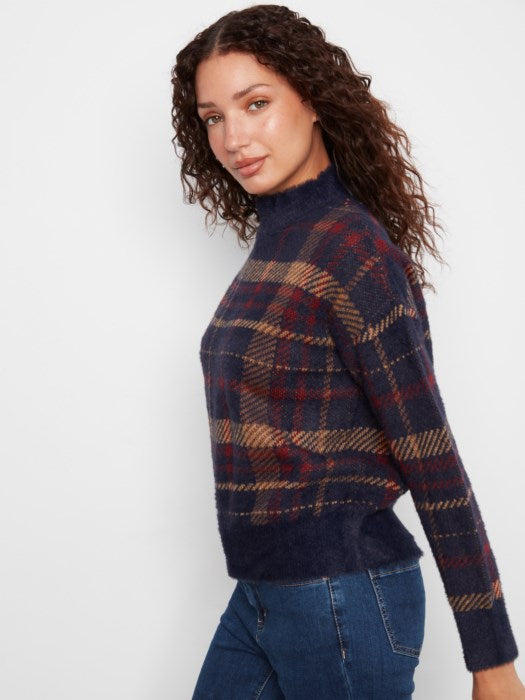 Charlie B Long Sleeve Drop Shoulder Mock Neck Jacquard Plaid Sweater