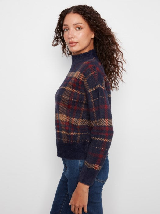Charlie B Long Sleeve Drop Shoulder Mock Neck Jacquard Plaid Sweater