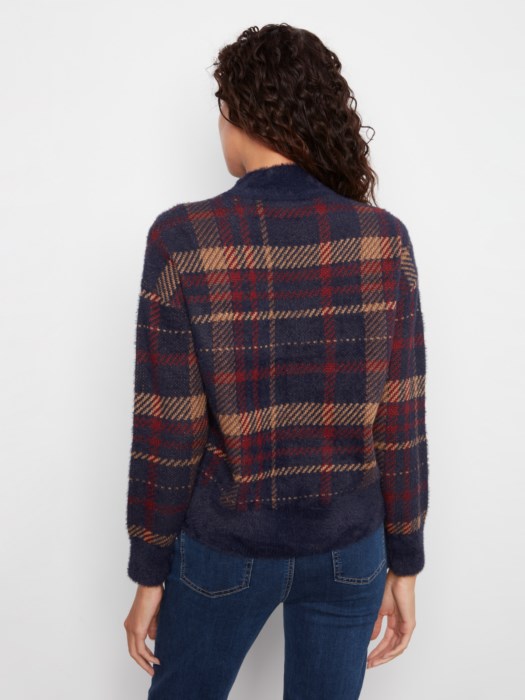 Charlie B Long Sleeve Drop Shoulder Mock Neck Jacquard Plaid Sweater
