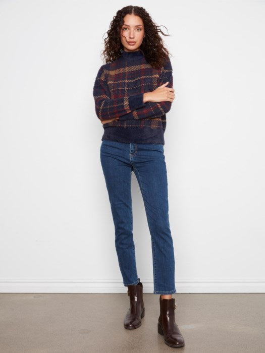 Charlie B Long Sleeve Drop Shoulder Mock Neck Jacquard Plaid Sweater