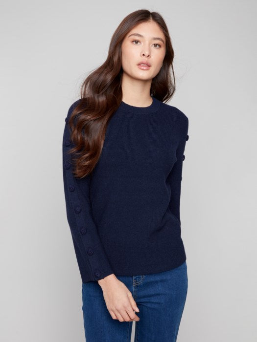 Charlie B Ribbed Crew Neck Sweater with Sleeve Buttons