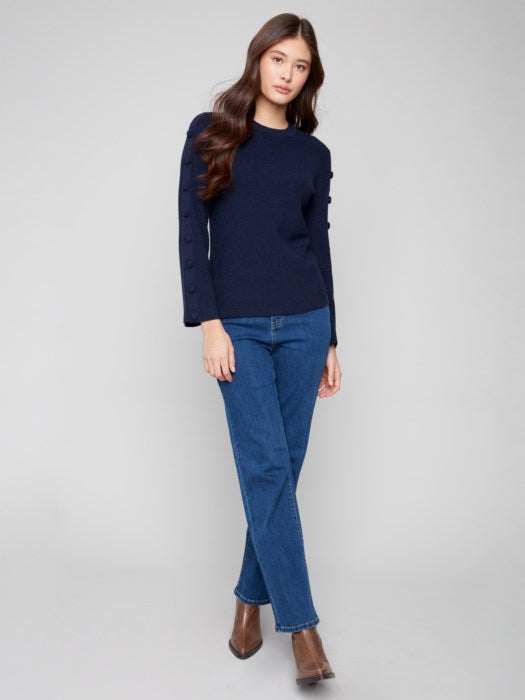 Charlie B Ribbed Crew Neck Sweater with Sleeve Buttons