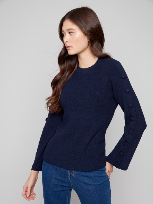 Charlie B Ribbed Crew Neck Sweater with Sleeve Buttons