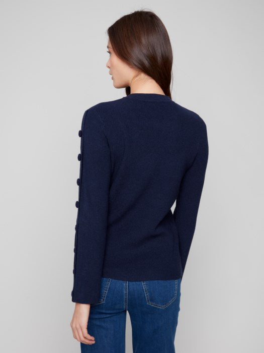 Charlie B Ribbed Crew Neck Sweater with Sleeve Buttons