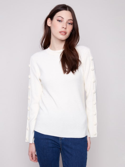 Charlie B Ribbed Crew Neck Sweater with Sleeve Buttons