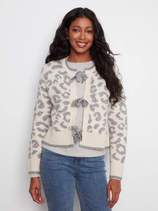 Charlie B Long Sleeve Bow Tie Front Jacquard Sweater Cardigan
