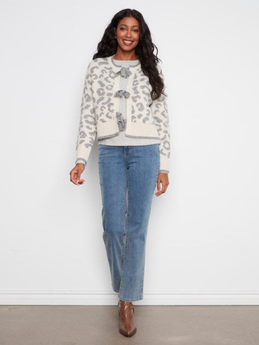 Charlie B Long Sleeve Bow Tie Front Jacquard Sweater Cardigan