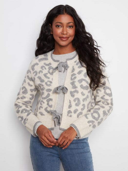 Charlie B Long Sleeve Bow Tie Front Jacquard Sweater Cardigan